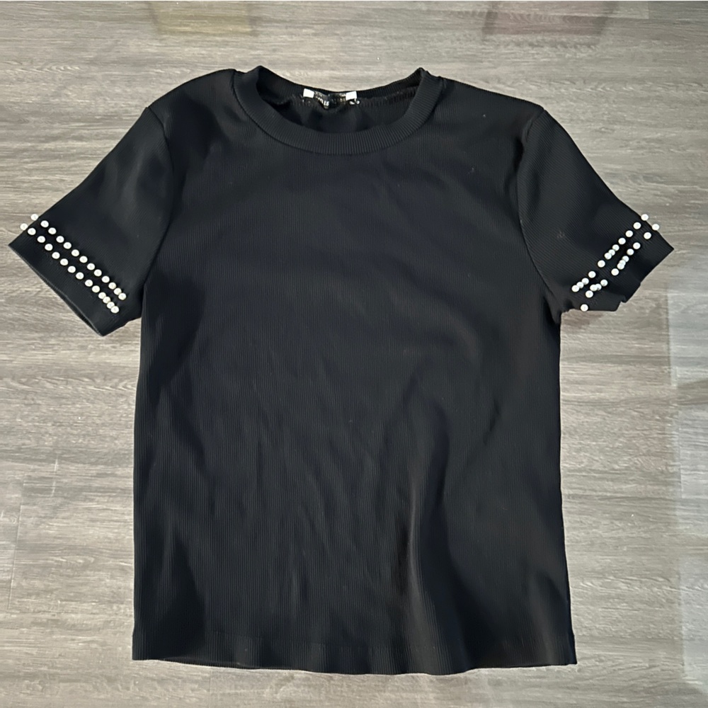 Zara Short Sleeve Rib Pearl Crop Top Black Size Small